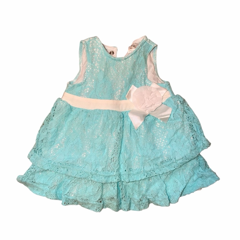 Baby Essentials Aqua Lace Layered Dress White Sash Flower Size 3M